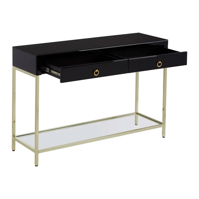 Black Mirrored Glass Two Tier 2 Drawer Slim Console Table With Gold