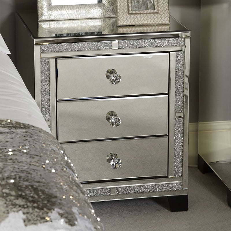 Diamond Glitz Mirrored 3 Drawer Bedside Cabinet | Picture Perfect Home