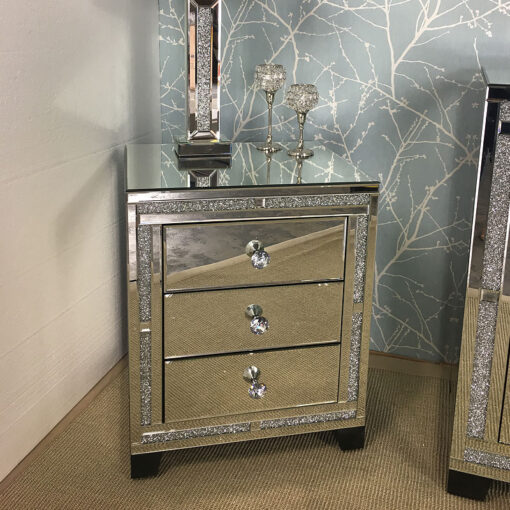 Diamond Glitz 3 Drawer Silver Mirrored Glass Bedside Table Cabinet