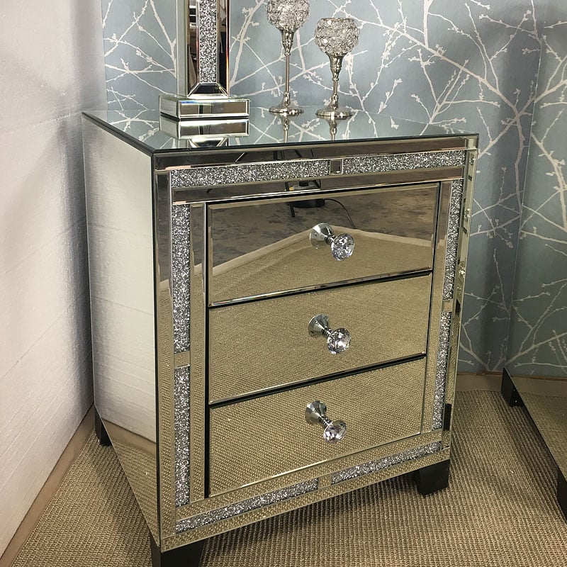 Diamond Glitz Mirrored 3 Drawer Bedside Cabinet | Picture Perfect Home