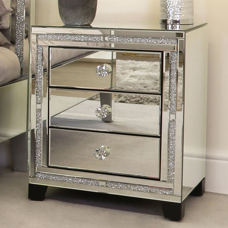Diamond Glitz Mirrored 3 Drawer Bedside Cabinet Picture Perfect Home