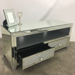 Diamond Glitz Mirrored TV Cabinet Stand With bespoke silver shelf & feet