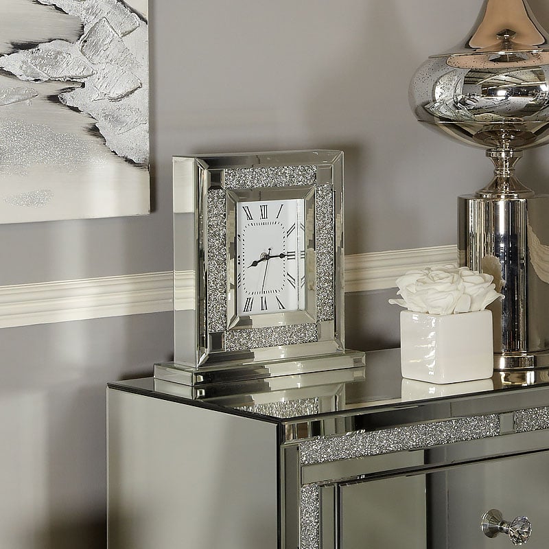 Diamond Glitz Silver Mirrored Table Clock