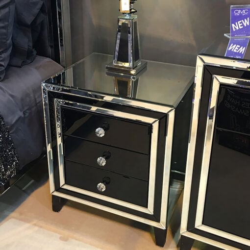 Madison Black Glass 3 Drawer Mirrored Bedside Cabinet