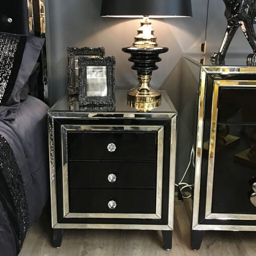 Madison Black Glass 3 Drawer Mirrored Bedside Cabinet
