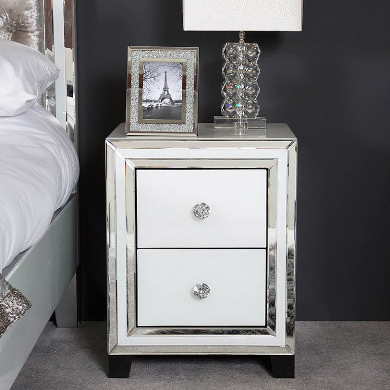 Madison White Glass 2 Drawer Mirrored Bedside Cabinet | Picture Perfect ...