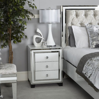 Madison White Glass 3 Drawer Mirrored Bedside Cabinet | Picture Perfect ...