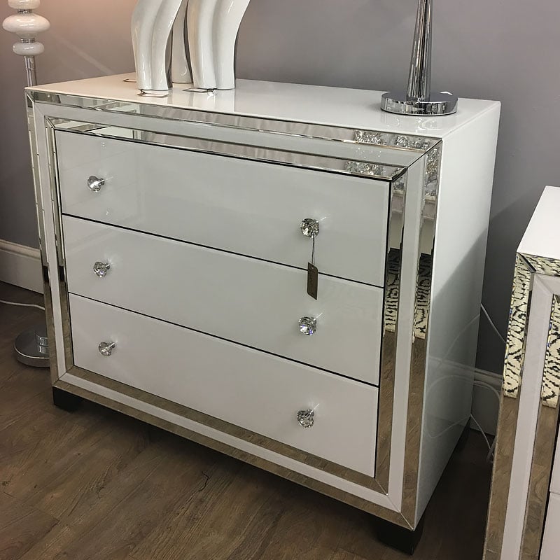 Madison White Glass 3 Drawer Mirrored Chest Picture Perfect Home