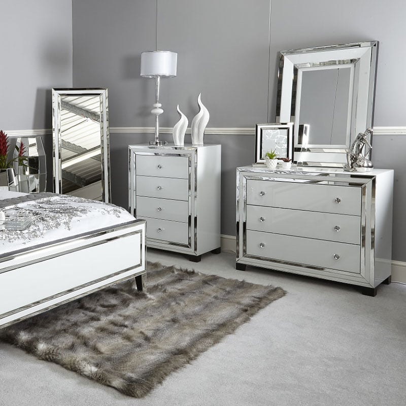 Madison White Glass 3 Drawer Mirrored Chest Picture Perfect Home