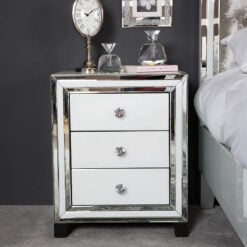 Madison White Glass 3 Drawer Mirrored Bedside Cabinet