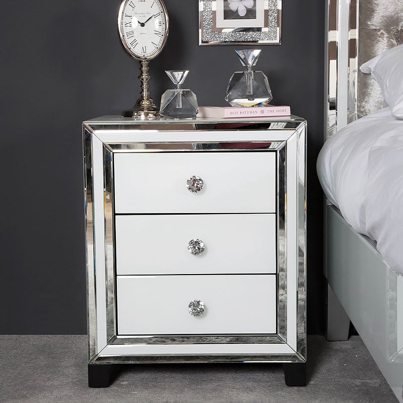Madison White Glass 3 Drawer Mirrored Bedside Cabinet Picture