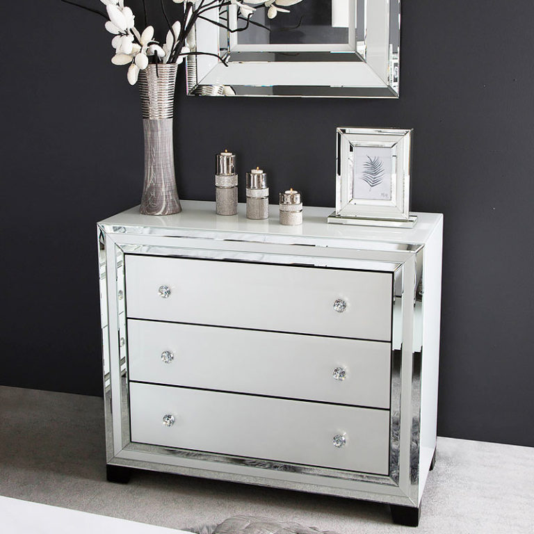 Madison White 3 Drawer Mirrored Display Bedside With Clear Top