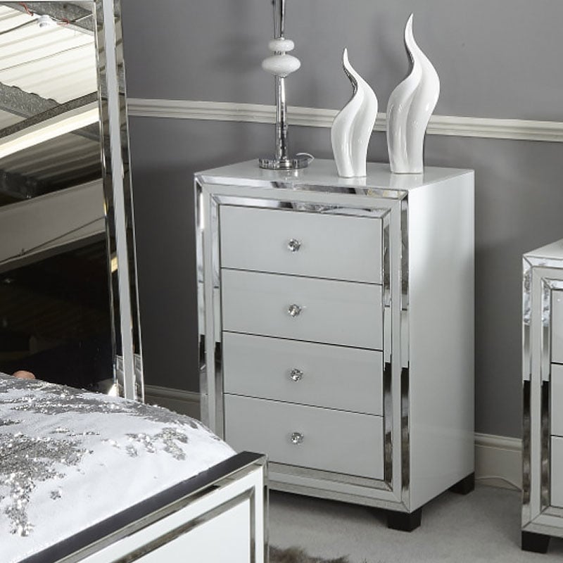 Madison White Glass 4 Drawer Mirrored Cabinet