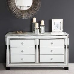 Madison White Glass 6 Drawer Mirrored Cabinet