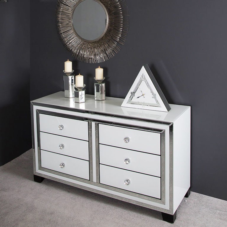 Madison White Glass 6 Drawer Mirrored Picture Perfect Home