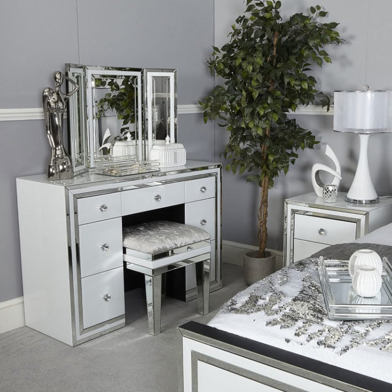 Madison White Glass 7 Drawer Mirrored Dressing Table Picture Perfect Home
