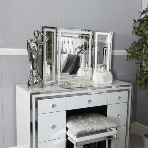 Madison White Glass Freestanding Vanity Tri-Fold Mirror