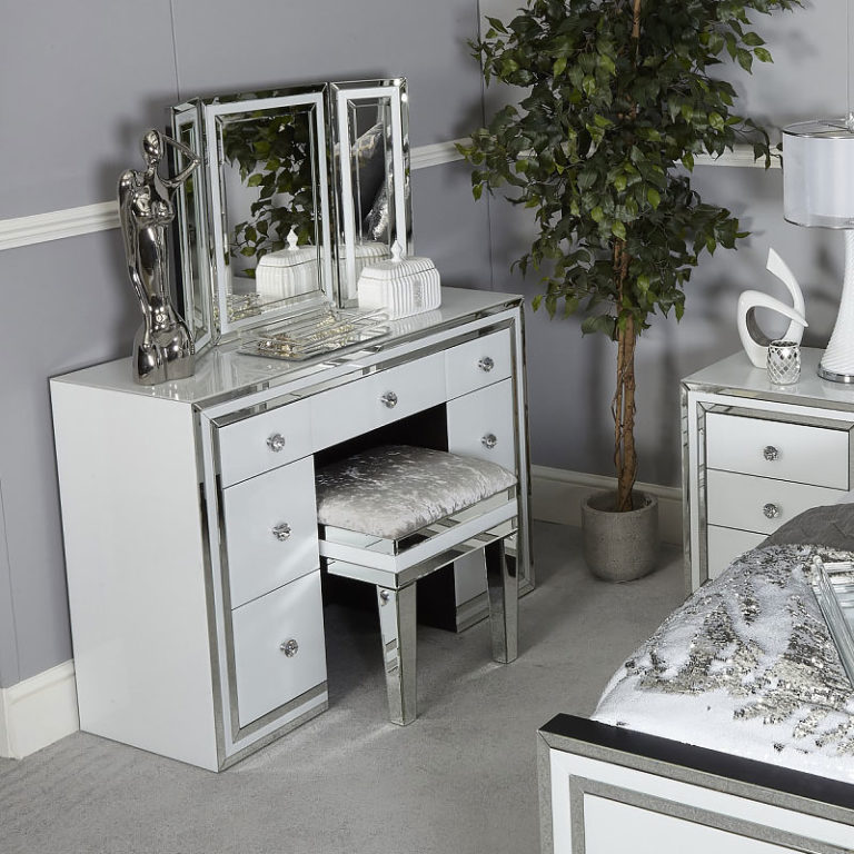 Madison White Glass Freestanding Vanity TriFold Mirror Picture Perfect Home