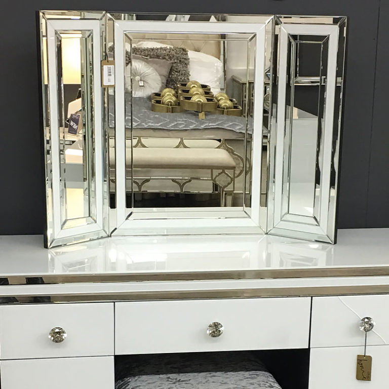 Madison White Glass Freestanding Vanity TriFold Mirror Picture Perfect Home