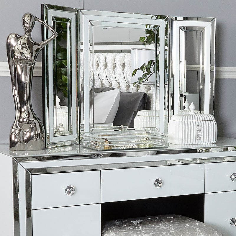 Madison White Glass Freestanding Vanity, Three Sided Mirror Vanity
