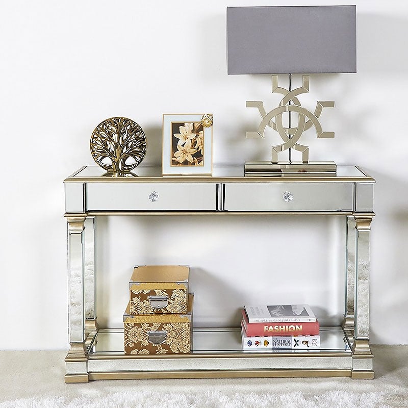 Athens Gold Mirrored 2 Drawer Console, Alfie Console Table With Mirror Gold