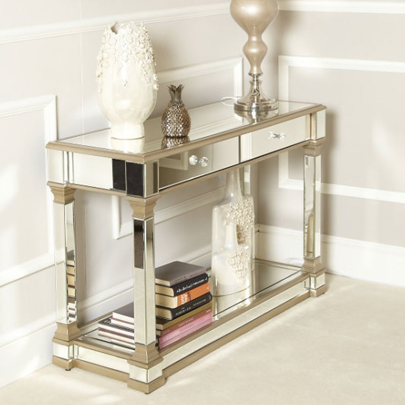 Athens Gold Mirrored 2 Drawer Console, Mirrored Sofa Table With Drawers