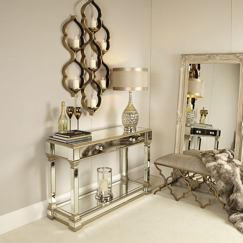 Athens Gold Mirrored 2 Drawer Console, Glass Mirror Sofa Table
