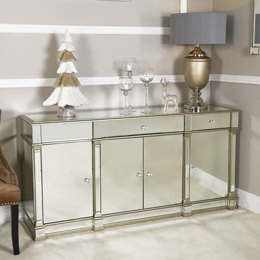 Athens Gold Mirrored 4 Door 3 Drawer Cabinet Sideboard