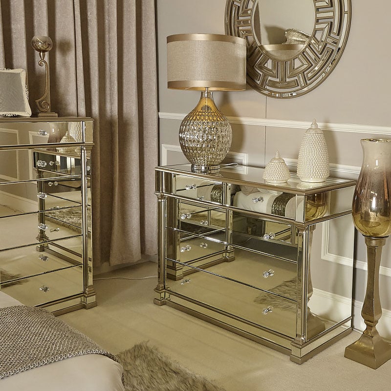 Athens Gold Mirrored 5 Drawer Chest, Mirrored Dresser Chest Gold