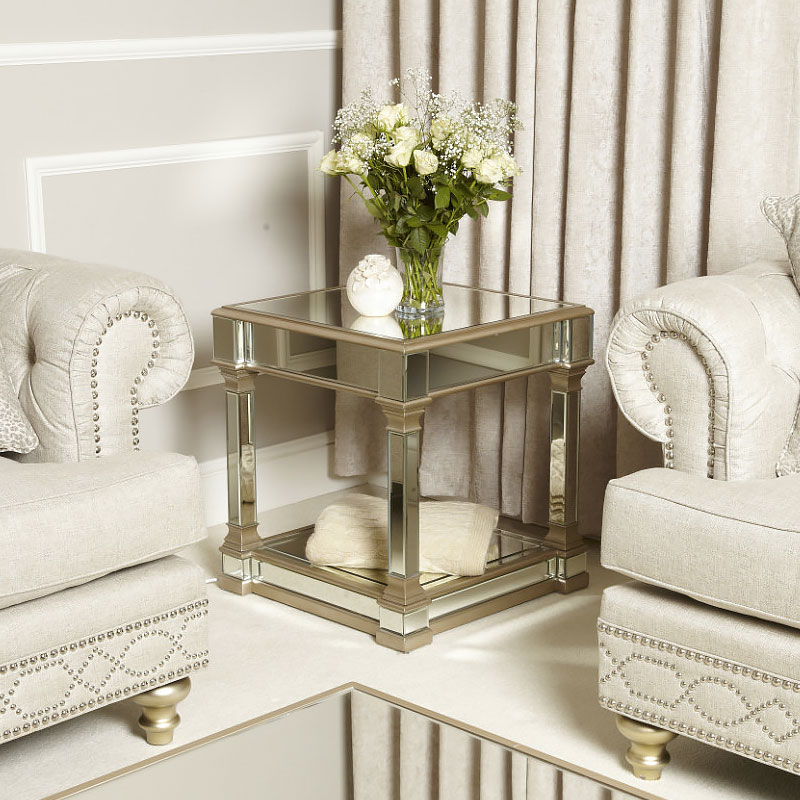 Athens Gold Mirrored End Side Table, Gold Mirrored End Tables