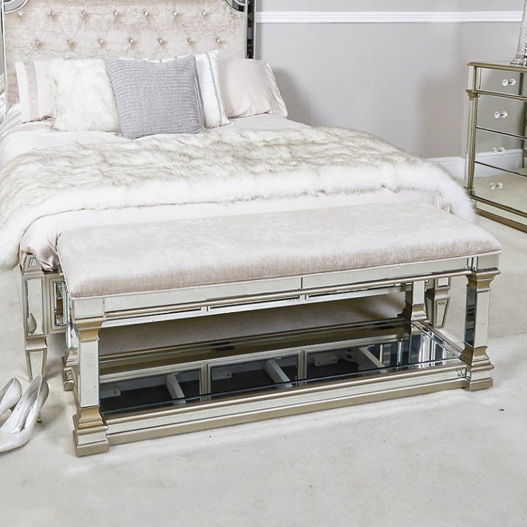 Athens Gold Mirrored Upholstered Bed End Bench With A Velvet Seat Picture Perfect Home