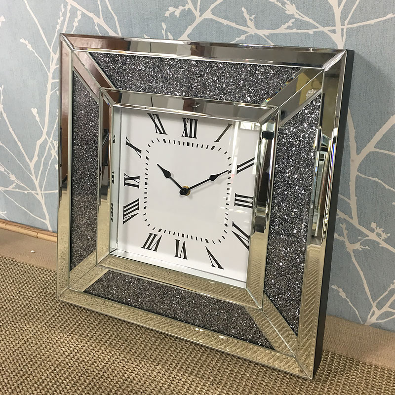 Diamond Crush Mirrored Square Wall Clock Picture Perfect Home