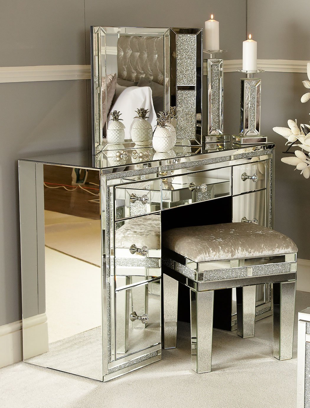 Diamond Glitz Mirrored 7 Drawer Dressing Table