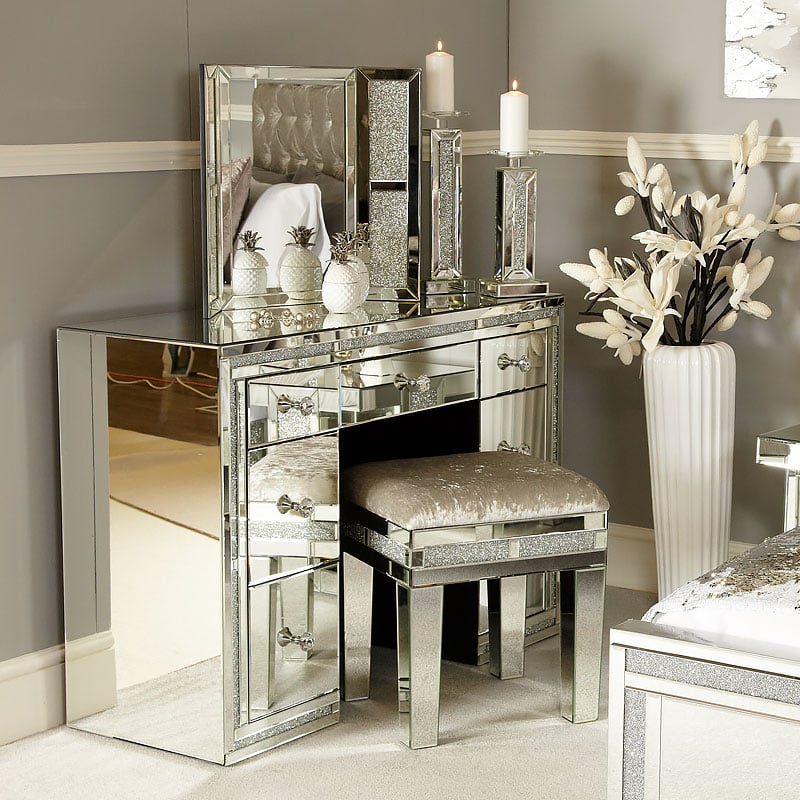 Silver Mirrored Dressing Table, Silver Mirrored Vanity Table
