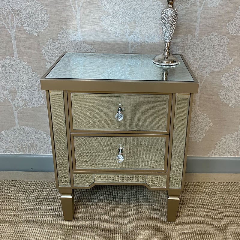 Luxe Mirrored 2 Drawer Bedside Cabinet, Mirrored Side Table 2 Drawer