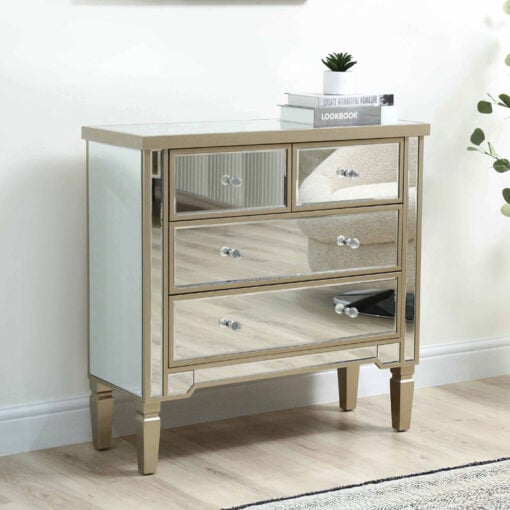 Georgia Champagne Luxe Mirrored 4 Drawer Bedroom Chest Of Drawers