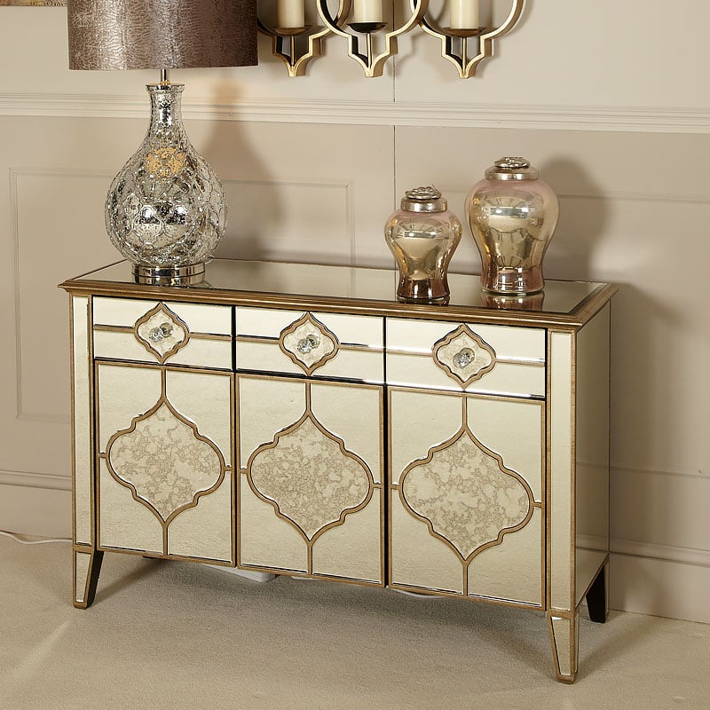 Sahara Marrakech Moroccan Gold Mirrored 3 Drawer 3 Door Sideboard