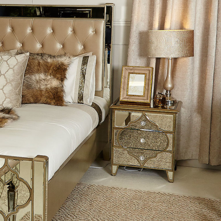 Sahara Marrakech Moroccan Gold Mirrored 3 Drawer Bedside Table