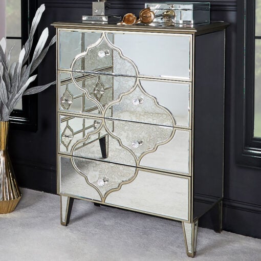 Sahara Marrakech Moroccan Gold Mirrored 4 Drawer Chest Of Drawers