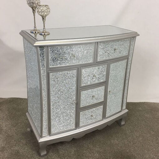 Silver Crackle Glass 5 Drawer 2 Door Chest