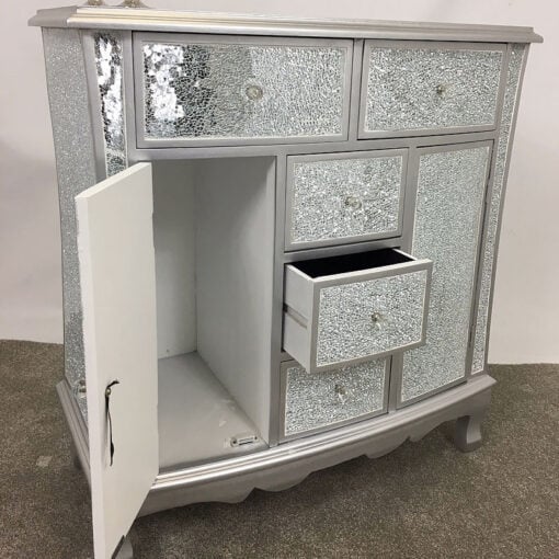 Silver Crackle Glass 5 Drawer 2 Door Chest