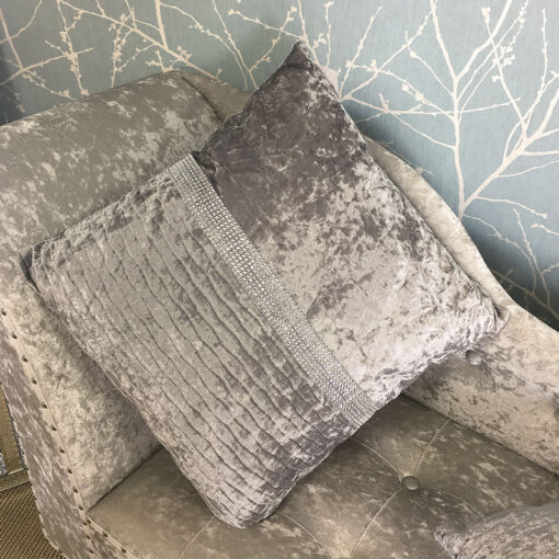 Large Silver Velvet Diamonte Banded Cushion