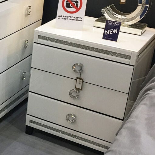 Crystalline White Mirrored 3 Drawer Chest / Bedside Cabinet