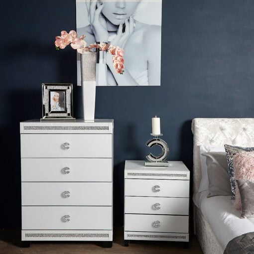 Crystalline White Mirrored 3 Drawer Chest / Bedside Cabinet