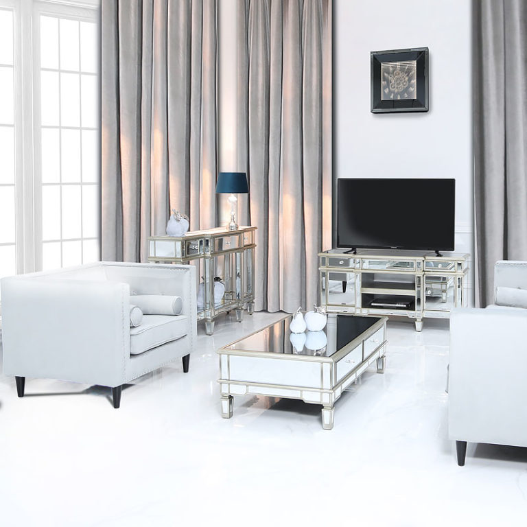 Canterbury Champagne Gold Mirrored TV Stand Entertainment Unit Picture Perfect Home