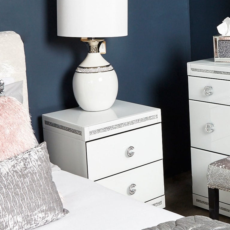 Crystalline White Glass Mirrored 2 Drawer Bedside / Table