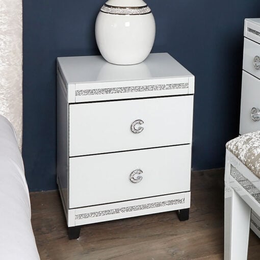 Crystalline White Glass Mirrored 2 Drawer Bedside Cabinet / Table