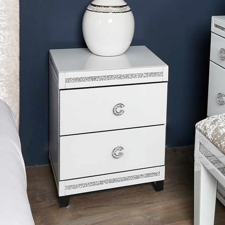 Crystalline White Glass Mirrored 2 Drawer Bedside / Table