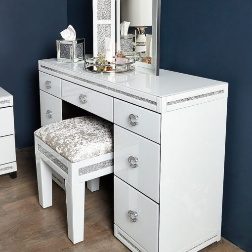 Crystalline White Glass Mirrored 7 Drawer Bedroom Dressing Vanity Table