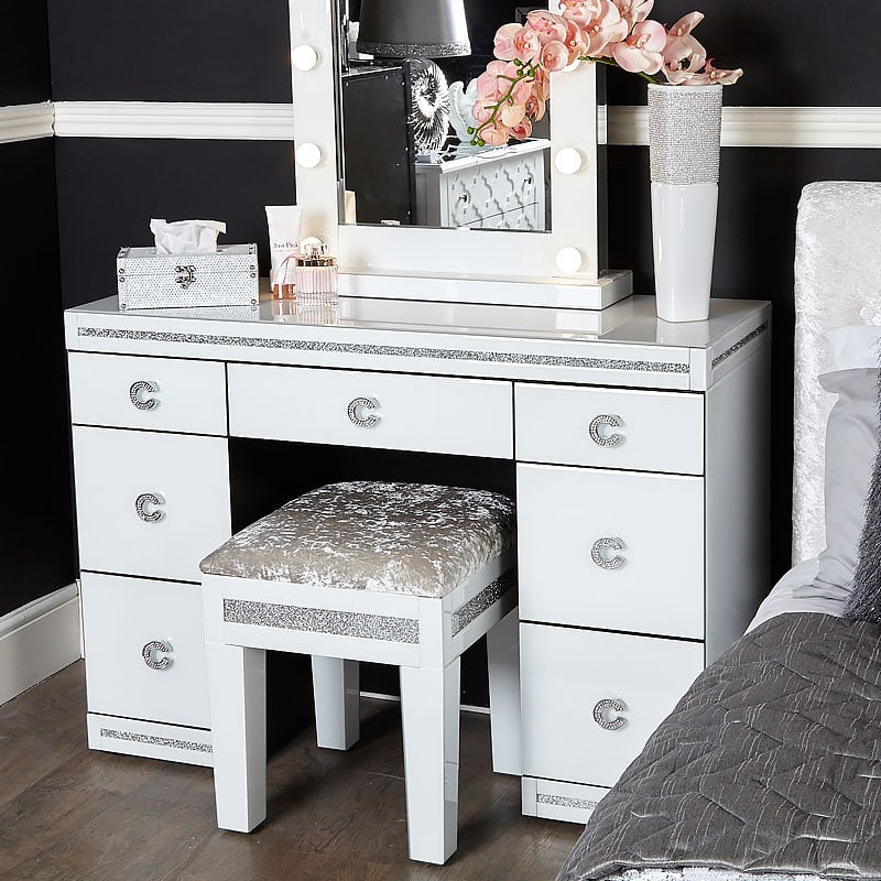 crystalline white glass mirrored 7 drawer bedroom dressing vanity